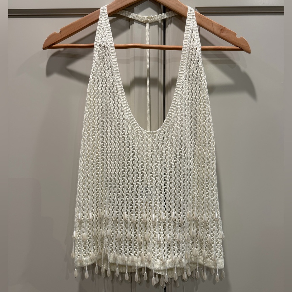 Peppermayo Halter Crochet Shell Fringe Tank